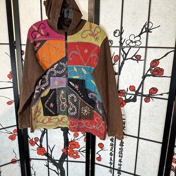 Rising International Nepal Hoodie Jacket Embroidered Hippie Boho Gypsy Women XL - Picture 1 of 7